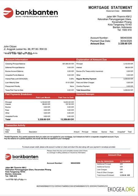 Modèle Word et PDF de relevé hypothécaire de la Banque indonésienne Banten